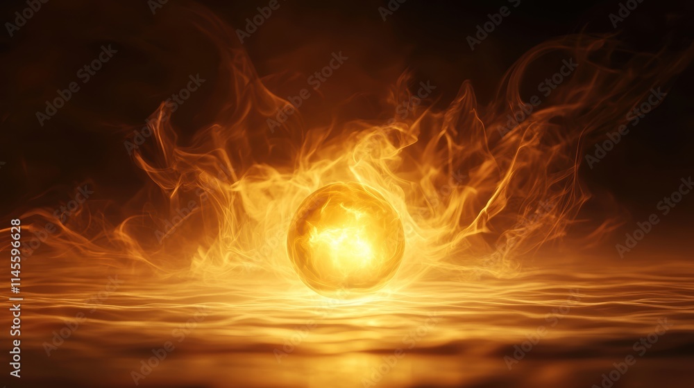 A glowing orb radiates warmth and light, surrounded by swirling flames, creating a captivating and mystical atmosphere. A glowing orb radiates warmth and light, surrounded by swirling flames, creating a captivating and mystical atmosphere.