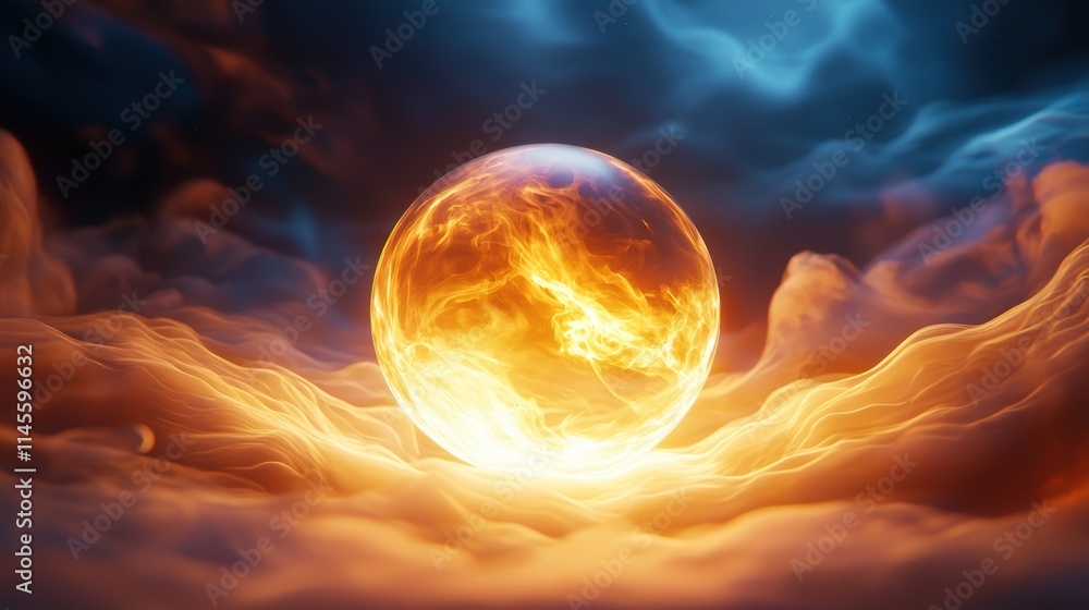 A glowing orb emerges from vibrant clouds, radiating warmth and energy against a dynamic backdrop of blues and oranges. A glowing orb emerges from vibrant clouds, radiating warmth and energy against a dynamic backdrop of blues and oranges.