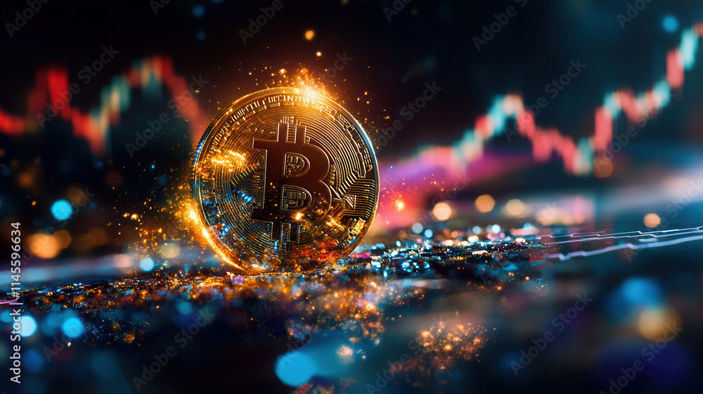 glowing gold coin representing cryptocurrency with vibrant colors and charts glowing gold coin representing cryptocurrency with vibrant colors and charts