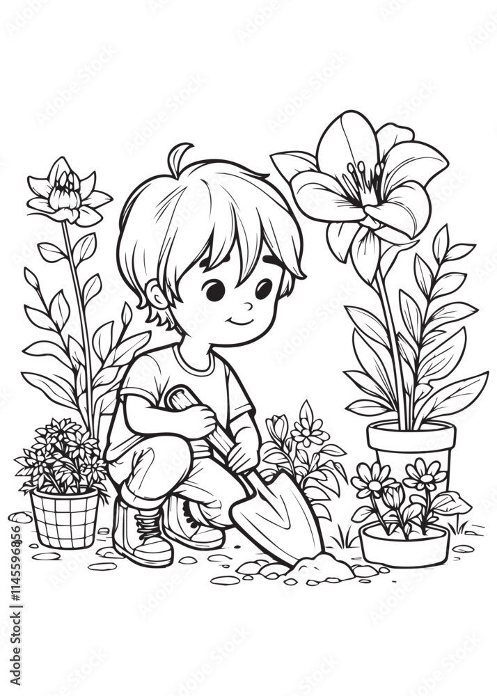 Coloring page boy planting with tools Coloring page boy planting with tools