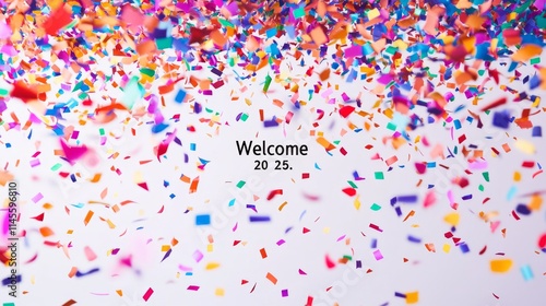 Welcome 2025 logo - pop-up on white background with confetti . 2025 New Year celebration concept. photo