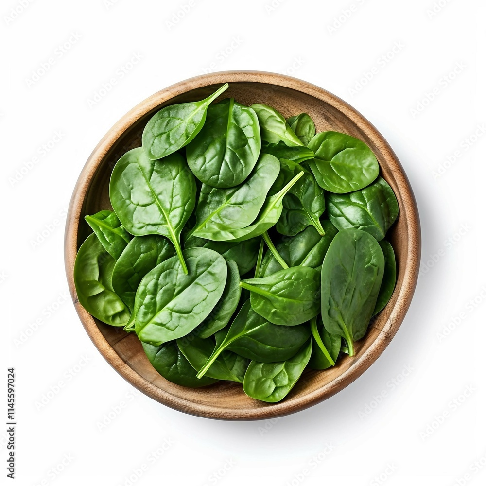 Bowl of Spinach, Isolated on white background, flat lay Bowl of Spinach, Isolated on white background, flat lay