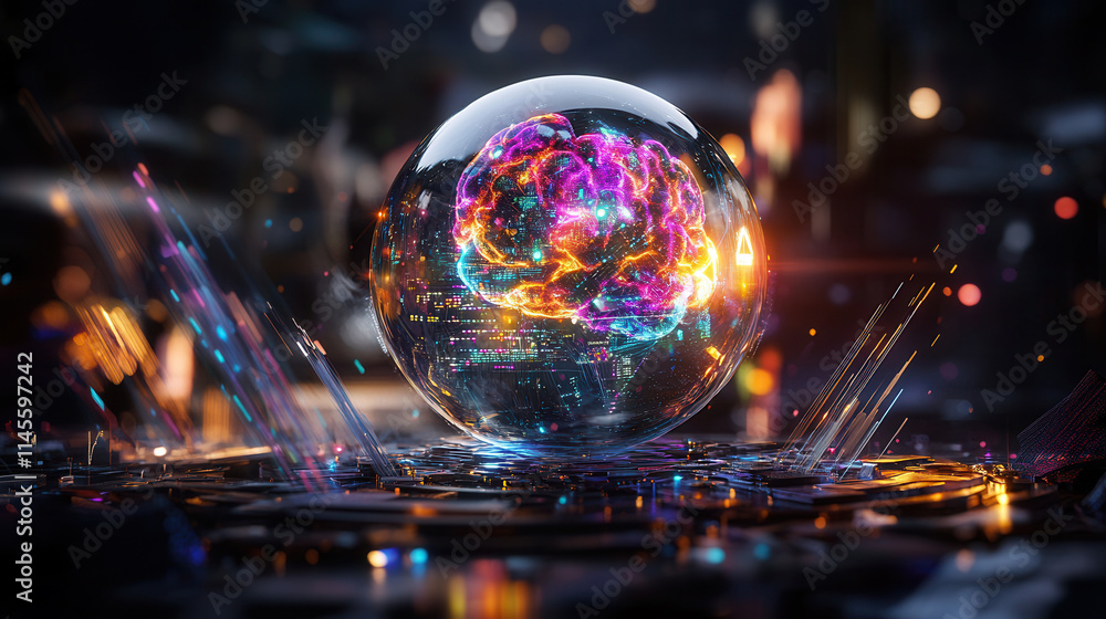 glowing holographic brain encased crystal sphere, surrounded by vibrant data streams and futuristic elements, evokes sense of innovation and glowing holographic brain encased crystal sphere, surrounded by vibrant data streams and futuristic elements, evokes sense of innovation and