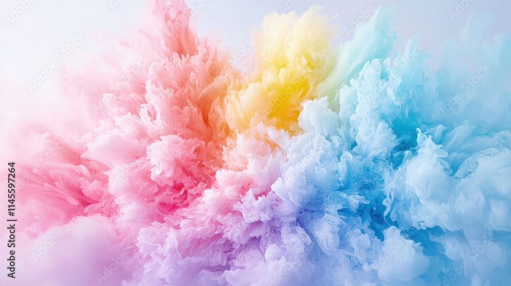 Fototapeta premium Vibrant pastel colored smoke clouds in pink, yellow, and blue create a soft abstract texture.