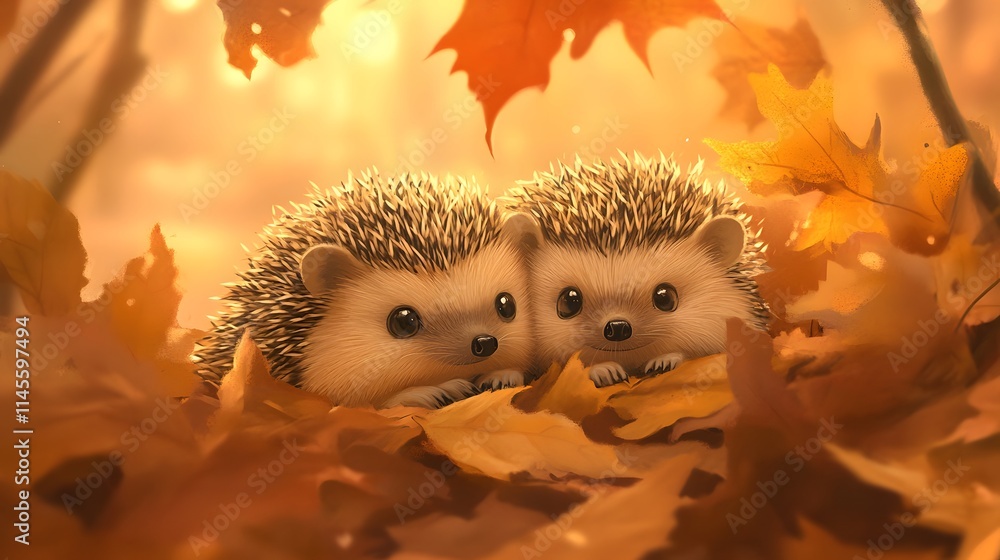 Two Hedgehogs Huddled Together Among Autumn Leaves Two Hedgehogs Huddled Together Among Autumn Leaves