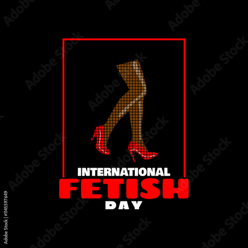 International Fetish Day is celebrated on the third Friday in January. Illustration of a pair of legs wearing stockings and red shoes in a frame on a black background.