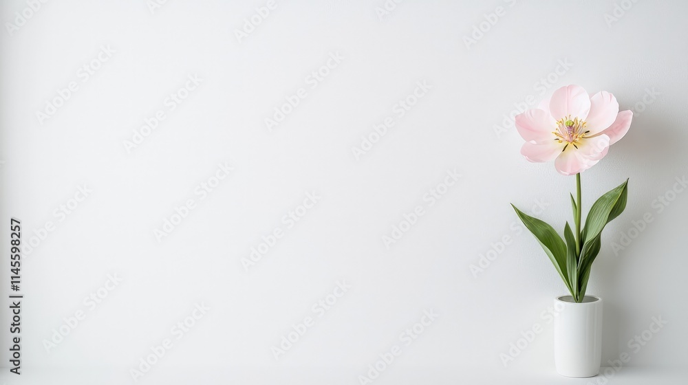Single pink tulip in white vase against white background. Single pink tulip in white vase against white background.