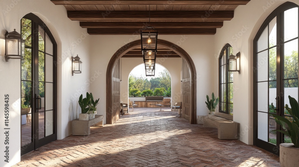 Sunlit hallway with arched doorways, brick floor, and outdoor view. Sunlit hallway with arched doorways, brick floor, and outdoor view.