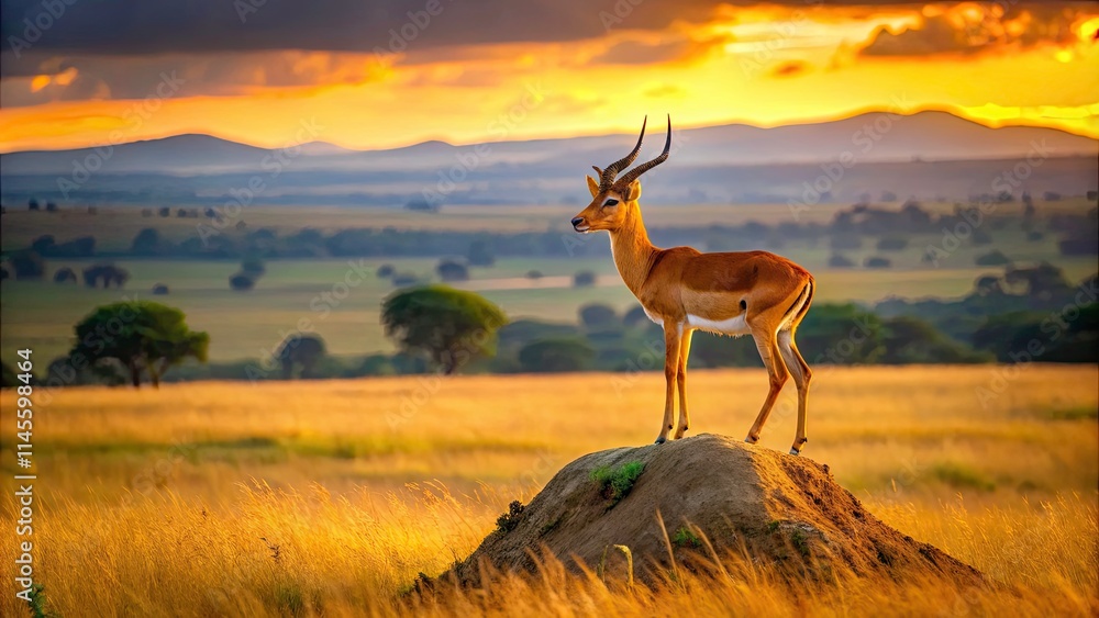 Naklejka premium Majestic Impala Panoramic, Maasai Mara Kenya Wildlife Photography, African Savanna Animal