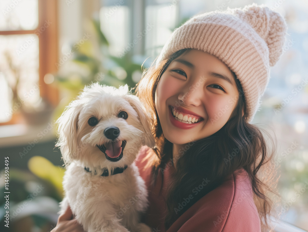 Happy, smiling young korean woman standing together with dog Happy, smiling young korean woman standing together with dog