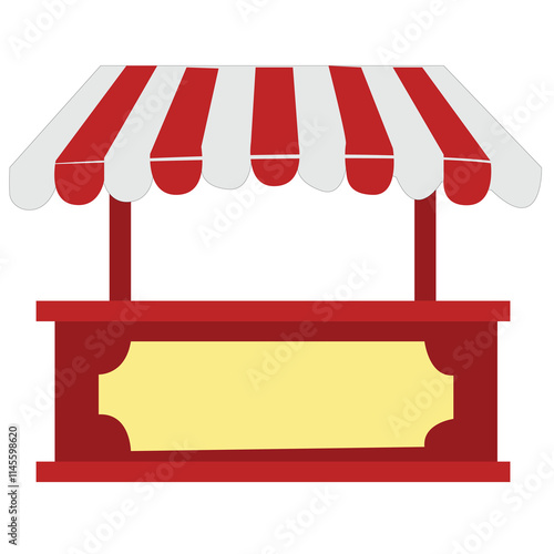 empty market stall with red and white striped awning isolated on background. Mockup of wooden counter with canopy for street