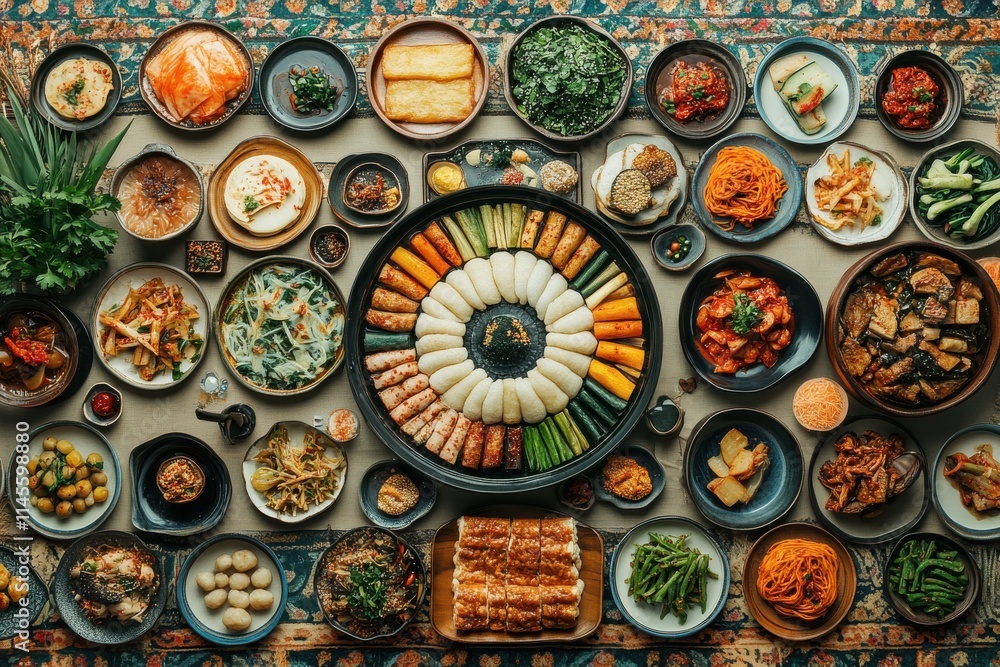 Asian Buffet Table with Variety of Dishes, Colorful Food and Decorations Asian Buffet Table with Variety of Dishes, Colorful Food and Decorations
