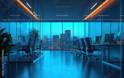 Modern office interior at night, glass walls, city skyline view, sleek desks, chairs, glowing lights, contemporary design, business workspace. photo