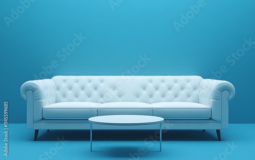 White sofa and coffee table against a blue wall in a minimalist room.