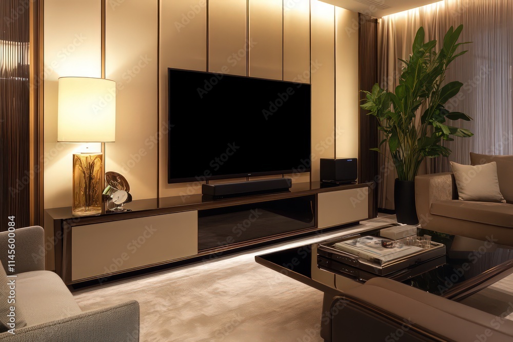 A blank-screen smart TV on a sleek TV stand in a stylish living room, surrounded by contemporary furniture and soft lighting. A blank-screen smart TV on a sleek TV stand in a stylish living room, surrounded by contemporary furniture and soft lighting.