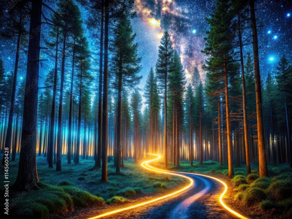 Obraz premium Night Business Growth Timeline: Milestone Trees, Success Story, Corporate Achievements, Strategic Planning, Financial Progress, Company History