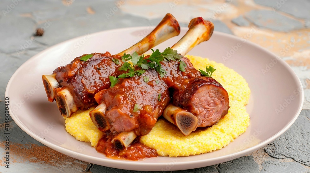Delicious Lamb Shanks with Tomato Sauce on Creamy Polenta Base Delicious Lamb Shanks with Tomato Sauce on Creamy Polenta Base