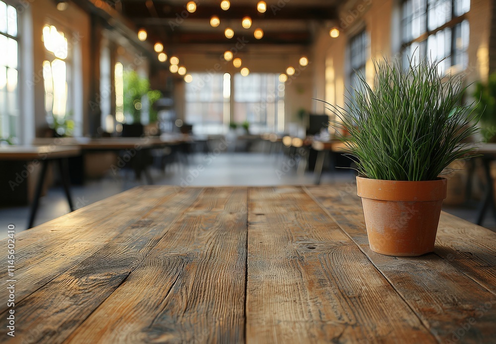 Rustic wooden table with small potted plant, blurred background of modern industrial workspace. Perfect for blog, website, or product display. Rustic wooden table with small potted plant, blurred background of modern industrial workspace. Perfect for blog, website, or product display.
