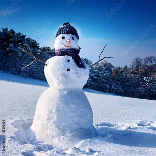 Generated눈사람, snowman, 눈덩이, snowball, 당근 코, carrot nose, 나뭇가지 팔, twig arms, 석탄 눈, coal eyes, 검은 버튼, black buttons, 모자, hat, 스카프, scarf, 장갑, gloves, 눈송이, snowflakes, 겨울 놀이, winter play, 크리스마스 장식, image