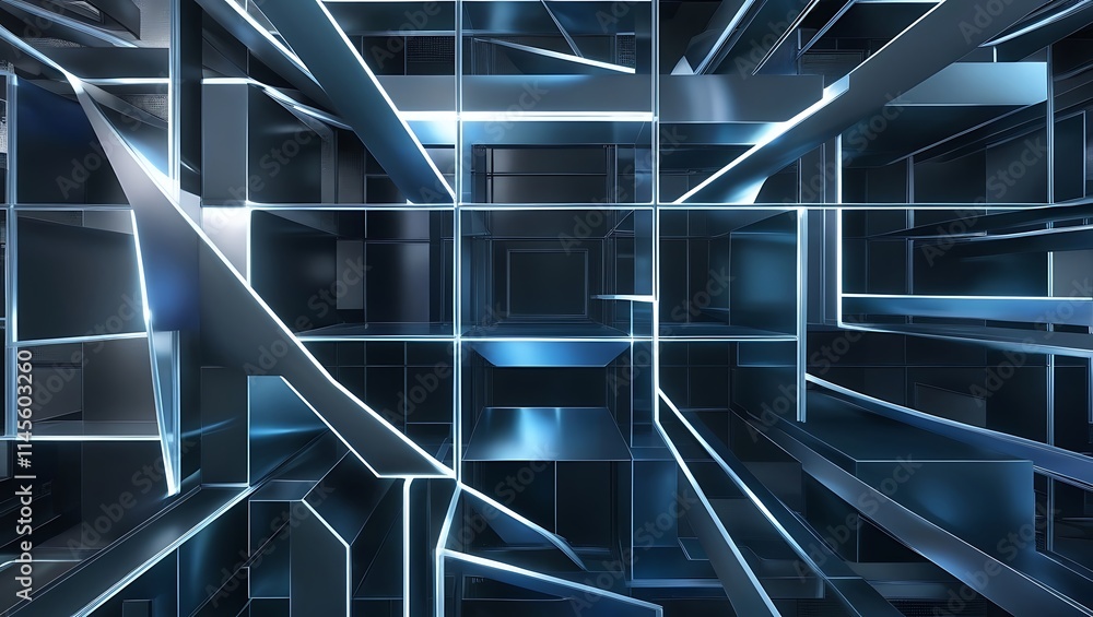 Fototapeta premium Futuristic Geometric Abstract Background with Blue Neon Lights