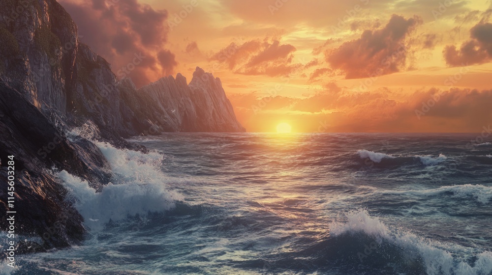 Dramatic Rocky Coastline with Waves Crashing at Sunset Dramatic Rocky Coastline with Waves Crashing at Sunset
