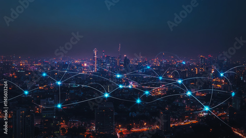 Wallpaper Mural Smart digital city with connection cyber security network reciprocity over the cityscape . future smart wireless digital city and social media networking systems that connects people within the city Torontodigital.ca