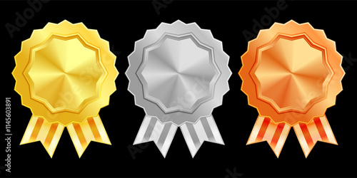 Shiny gold, silver, and bronze award medals with colorful ribbons. Medal of winners and achievements