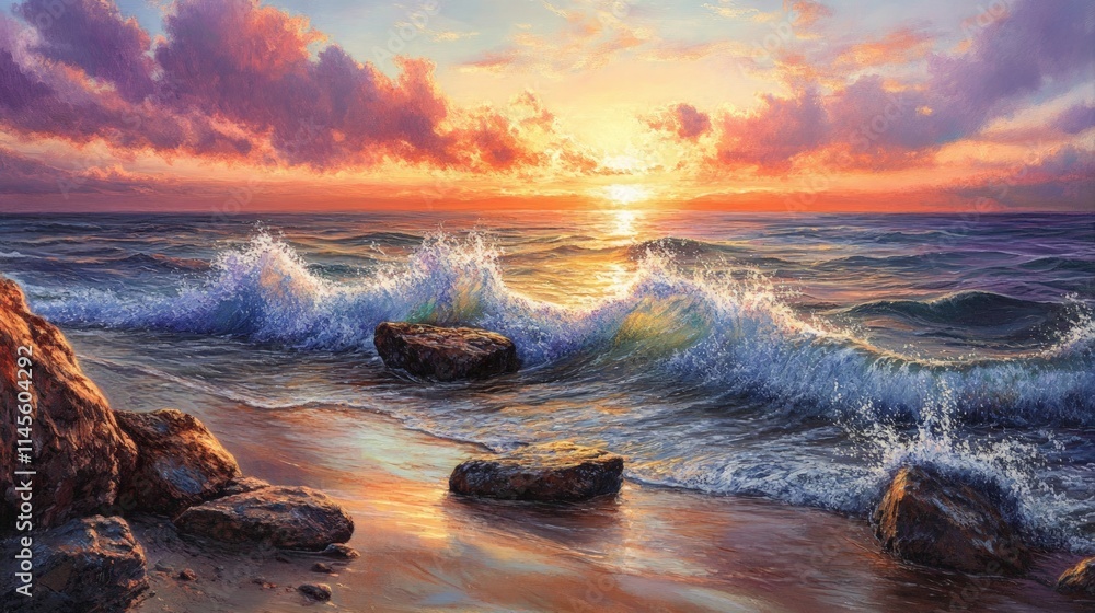 Serene Rocky Seashore at Sunset with Lapping Waves and Tide Pools Serene Rocky Seashore at Sunset with Lapping Waves and Tide Pools