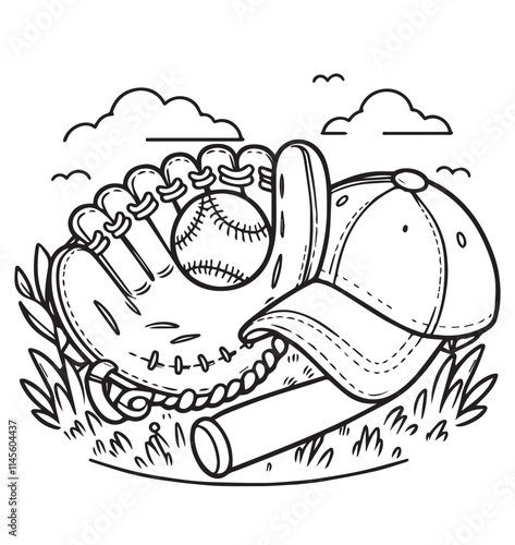 Coloring page design education gloves and tools baseball 