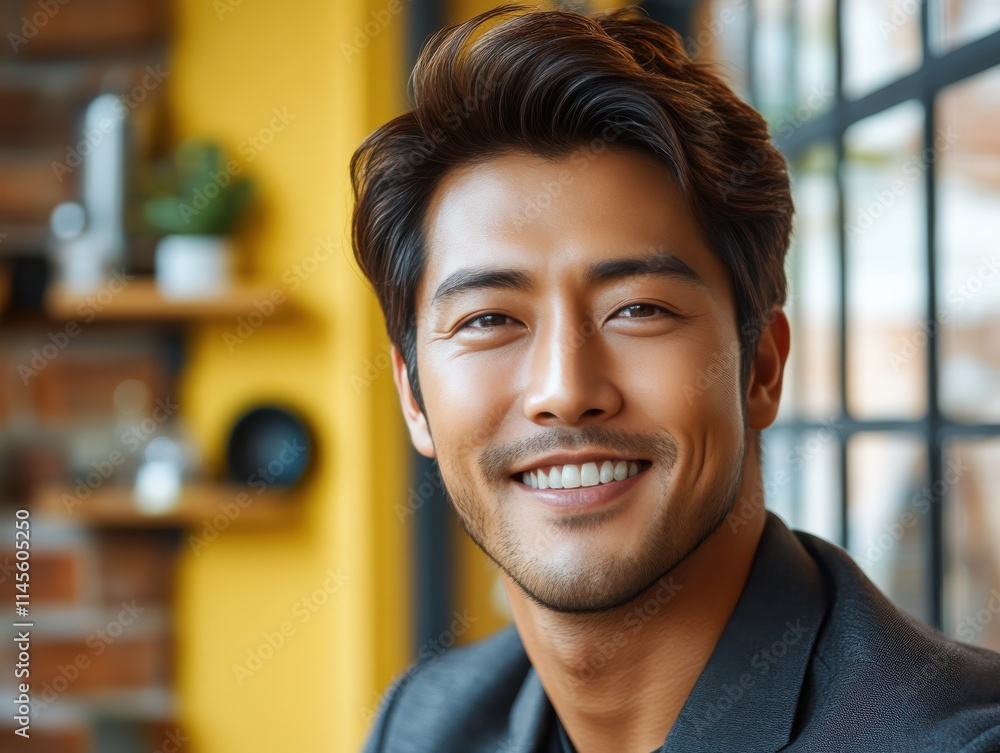 Asian man with a smile on his face is wearing a suit and a shirt in studio office background Asian man with a smile on his face is wearing a suit and a shirt in studio office background