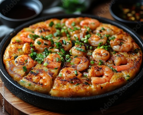 Seafood Pizza with Shrimp, Wooden Table Setting, for Gourmet Food or Food Blogging