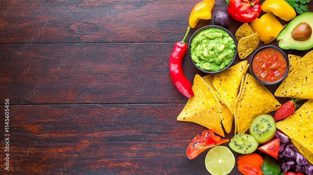 Colorful Arrangement of Nachos with Dips and Fresh Vegetables Colorful Arrangement of Nachos with Dips and Fresh Vegetables