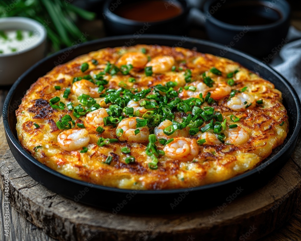 Deep Dish Shrimp Pizza, Golden Crust with Cheese and Herbs, Black Cast Iron Skillet, Wooden Background, Restaurant or Home Dining Setting, Ready to Serve Deep Dish Shrimp Pizza, Golden Crust with Cheese and Herbs, Black Cast Iron Skillet, Wooden Background, Restaurant or Home Dining Setting, Ready to Serve
