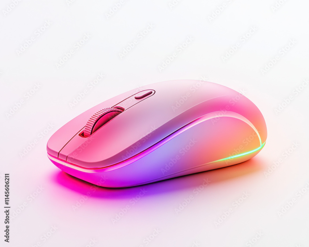 Stylish pink gaming mouse with glowing LED lights on a white surface. Stylish pink gaming mouse with glowing LED lights on a white surface.