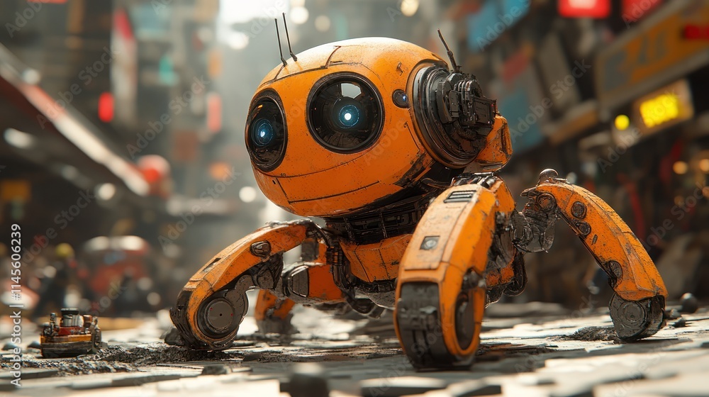 A cute robotic creature in a bustling urban setting. A cute robotic creature in a bustling urban setting.