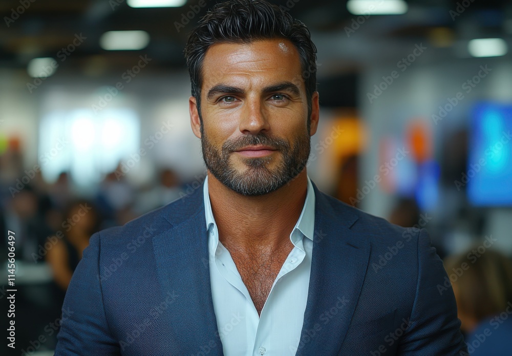 Business professional smiling confidently in a formal setting during a corporate event Business professional smiling confidently in a formal setting during a corporate event