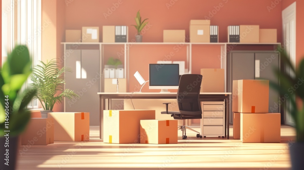 Moving Day Office Relocation: Boxes, Desk, and Plants in a Sunlit Room Moving Day Office Relocation: Boxes, Desk, and Plants in a Sunlit Room