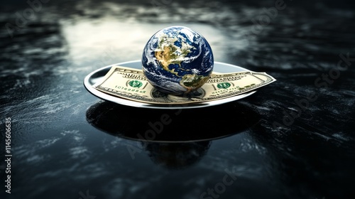 Scale with wealth and cash money on a plate and people, world, environment on the other; balancing business profits and human rights photo