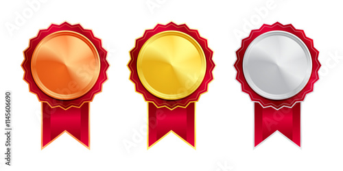 Shiny gold, silver, and bronze award medals with colorful ribbons. Medal of winners and achievements