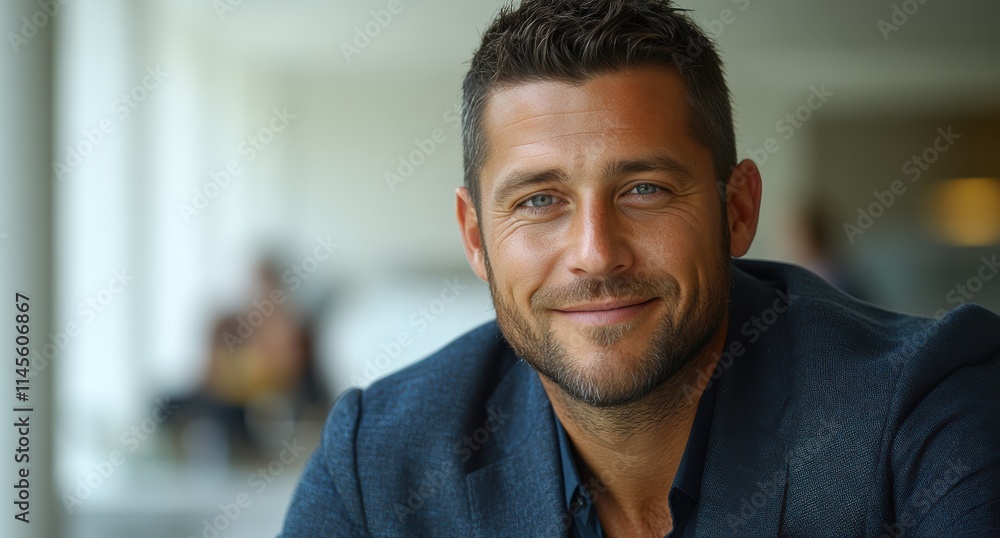 Confident businessman with a suit and a smile in a office background, He looking at the camera Confident businessman with a suit and a smile in a office background, He looking at the camera