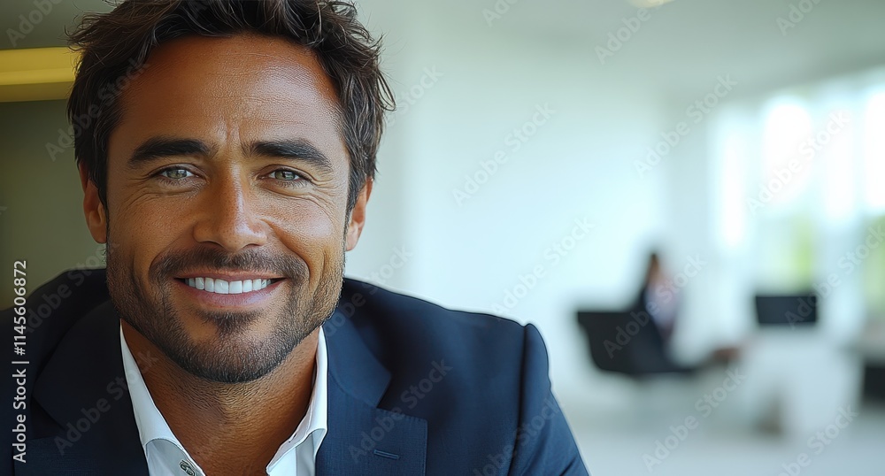 Confident businessman with a suit and a smile in a office background, He looking at the camera Confident businessman with a suit and a smile in a office background, He looking at the camera