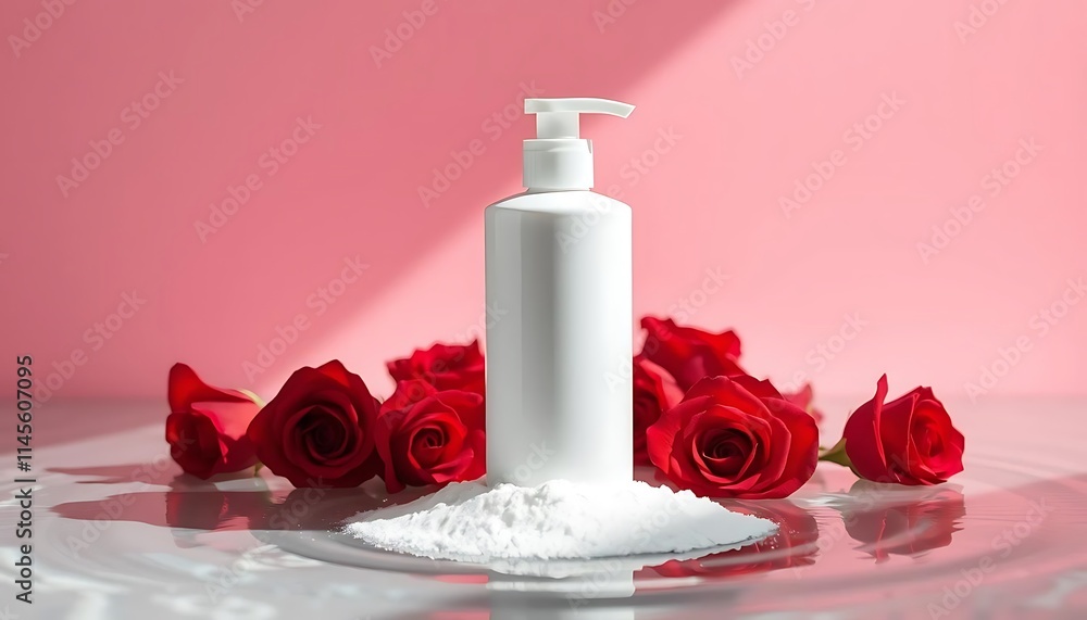 mock up Plain white skin care bottle surrounded by red roses, pink background mock up Plain white skin care bottle surrounded by red roses, pink background