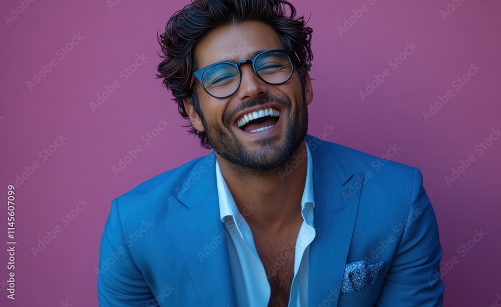 middle-aged businessman wearing a blue blazer and glasses, standing against a pastel background with copy space. Studio shot middle-aged businessman wearing a blue blazer and glasses, standing against a pastel background with copy space. Studio shot