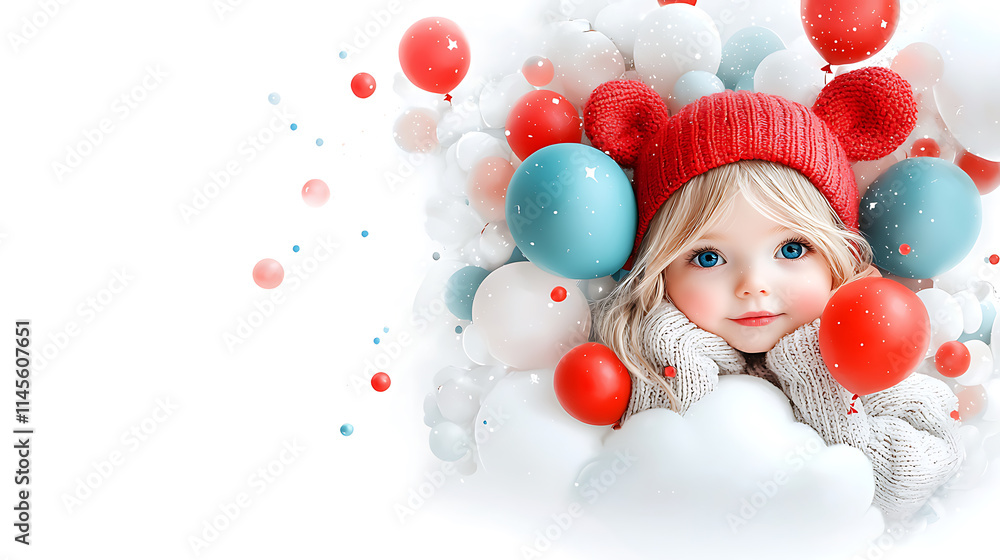 Joyful child playing with colorful balls in a winter wonderland portrait photography cheerful atmosphere close-up view Joyful child playing with colorful balls in a winter wonderland portrait photography cheerful atmosphere close-up view