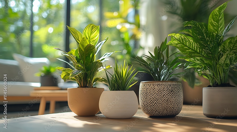 Sunlit Indoor Plants In Stylish Pots On Wooden Table Sunlit Indoor Plants In Stylish Pots On Wooden Table
