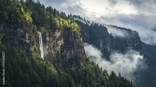 Majestic Rugged Mountain Cliff with Waterfall and Lush Greenery