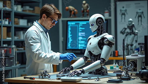 “Robotics Engineer Building a Humanoid Robot” – A robotics engineer in a tech lab assembling a humanoid robot, surrounded by circuits and high-tech tools.
