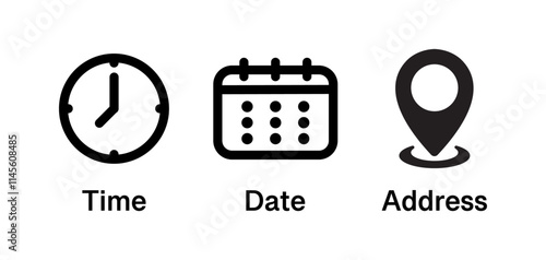 Time, date, location, address icon set symbol. Event elements, contact information, clock, pin map location, and calendar sign. Vector illustration