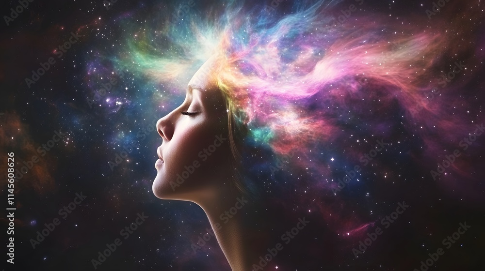 Cosmic awakening woman in contemplation outer space digital art abstract universe side view spiritual connection Cosmic awakening woman in contemplation outer space digital art abstract universe side view spiritual connection