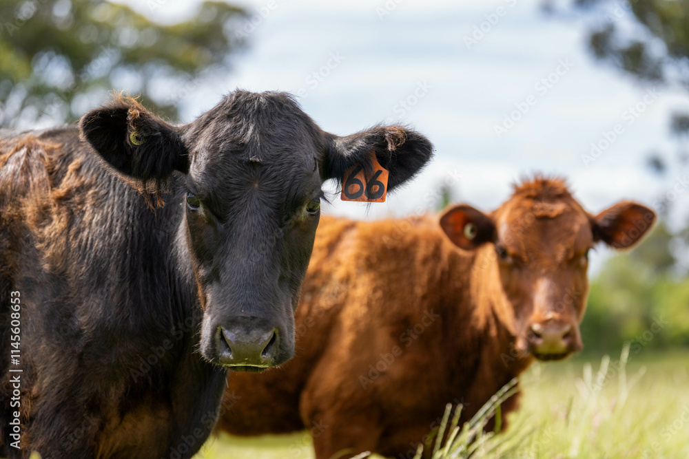beautiful cattle in Australia eating grass, grazing on pasture. Herd of cows free range beef being regenerative raised on an agricultural farm. Sustainable farming beautiful cattle in Australia eating grass, grazing on pasture. Herd of cows free range beef being regenerative raised on an agricultural farm. Sustainable farming